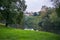 River water reflection green grass meadow tree village town