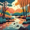 A river winding through a lush forest, reflecting autumn colors. illustration