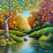 A river winding through a lush forest, reflecting autumn colors. painting