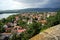 Riverbank part of the town, bend of Danube River and hills on Slovakian side in the background, Esztergom, Hungary