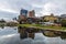 The riverbank precinct reflecting in the River Torrens in Adelaide South Australia on August 6th 2023