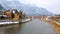 Riverside cityscape with Mount Katrin, Bad Ischl, Salzkammergut, Austria