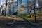 Riverside Park on the Upper West Side of New York City during Autumn with Curving Steps and Buildings