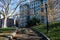 Riverside Park on the Upper West Side of New York City during Autumn with Curving Steps and Buildings