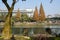 Riverside path in city of sunny winter morning