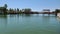 Riverside scene with bridge in resort hotel in Belek