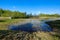 riverside shore in spring with scenic trees and green pastures