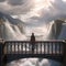 Riverside Wonder: Woman Standing in Awe on a Majestic Bridge - 3D Studio Max Render