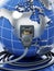 Rj45 plug connected to blue globe with world map. 3D illustration