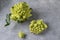 Roach of Romanescu Verdone cabbage and inflorescences on a gray background, top view. Detox menu.