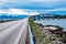 Road 64 to Bolsoy Bridge or Bolsoybrua that crosses the Bolsoysund strait between mainland and island of Bolsoya.  Norway