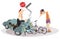 Road accident, driver, cyclist and broken bike illustration