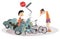 Road accident, driver, cyclist and broken bike illustration