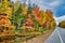 Road across New England countryside in foliage season, USA