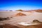 Road across salt flats in the high altitude desert of Salta`s puna region in Argentina