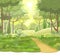 Road. Amusing beautiful forest landscape. Cartoon style. Foliage. The path through the hills with grass. Trail. Cool