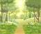 Road. Amusing beautiful forest landscape. Green. Cartoon style. The path through the hills with grass. Trail. Cool