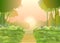 Road. Amusing beautiful forest landscape. Sun. Cartoon style. The path through the hills with grass. Trail. Cool