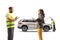 Road assistance agent writing a document and young woman talking for a car problem