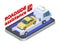 Road assistance concept. Isometric tow truck. Online roadside assistance, car service mobile app