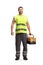 Road assistance worker in a reflective vest holding a tool box