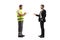 Road assistance worker in a reflective vest writing a document and talking to a businessman