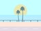 Road on the background of the beach, the sun with palm trees, tropical landscape. Highway along the ocean. Vector