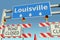 Road barricades near Louisville city road sign. Lockdown in the United States conceptual 3D rendering
