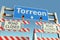 Road barricades near Torreon city road sign. Coronavirus disease quarantine or lockdown in Mexico conceptual 3D