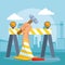 Road barrier and cone with hand holding a hammer over under construction scenery background