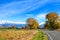 A road with a beautiful view at the entrance to the snow-capped mountains on the sunny autumn morning, Canterbury, South Island, N