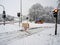 Road blocked by the fire department due to heavy snowfall. Winter attack in Germany. Snowstorm in NRW in the Mettmann district