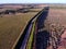 Road and blossoming apple tree orchard, aerial view