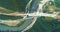 Road bridge construction. Aerial view of bridge construction over highway. View from above highway road repair. Building