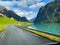 Road in Briksdal glacier valley in south Norway. Europe