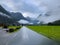 Road in Briksdal glacier valley in south Norway. Europe