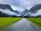 Road in Briksdal glacier valley in south Norway. Europe