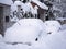 Road with cars completely covered by snow