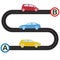 Road with cars going from point A to point B . Vector illustration of winding road and colorful vehicles icons in flat design. Tra