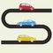 Road with cars. Vector illustration of winding road and colorful vehicles icons in flat design. Transportation and traffic infogra