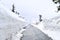 Road carved from the heavy snow on Leh Manali highway leading to Rohtang pass near Manali Himachal Pradesh