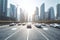 Road in the city with autonomous Driverless cars and people walking on the street. In the background skyline skyscrapers