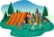 Road on colorful park. Nature background.Cartoon family with big backpacks. People carrying camping gears.