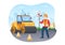 Road Construction and Highway Maintenance Workers Working on Asphalt Roads with Drilling Machine on Flat Cartoon Illustration