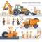 Road construction infographic elements vector flat design. Construction, workers, excavator, roller, bulldozer.
