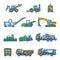 Road construction machines. Color vector illustration. Icon style set