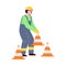 Road construction worker places traffic cones in flat style vector illustration