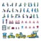 Road construction workers in different action poses, machines and signs. Color vector illustration. Icon style set