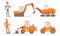 Road Construction Workers in Uniform and Industrial Machines, Bulldozer, Excavator, Tractor Set Vector Illustration