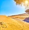 A road crossing an arid dune terrain